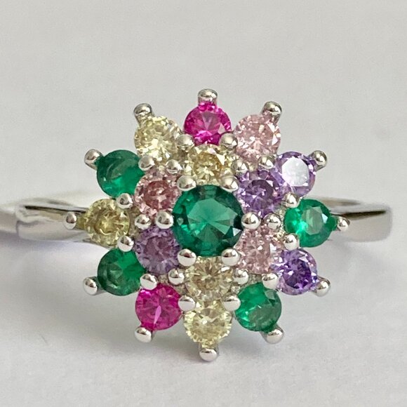 Fruit Salad Cubic Zirconia Halo Ring Rhodium Plated Size 7 8 9 Cocktail Green - Picture 3 of 13